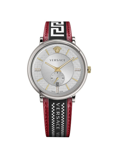 Versace Herren Armbanduhr V-circle 42 mm Multifunktionszifferblatt mit Datumsfenster Armband Leder, Stoff VEBQ01919